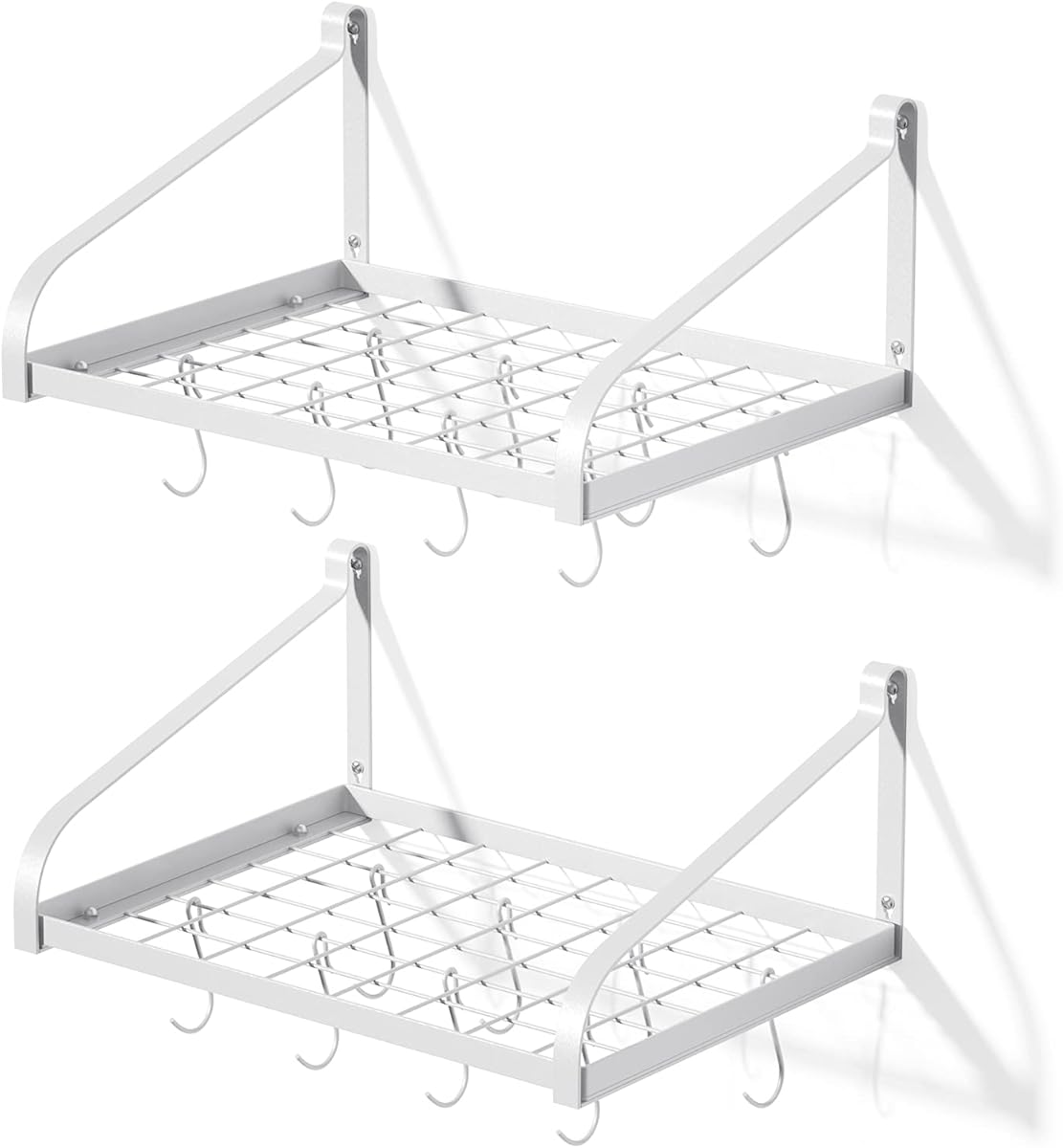 Love-KANKEI Pot Rack Wall Mounted Set of 2 Pan Pot Organizer Wall Shelves with 16 Hooks for Kitchen Cookware Utensils Organization White