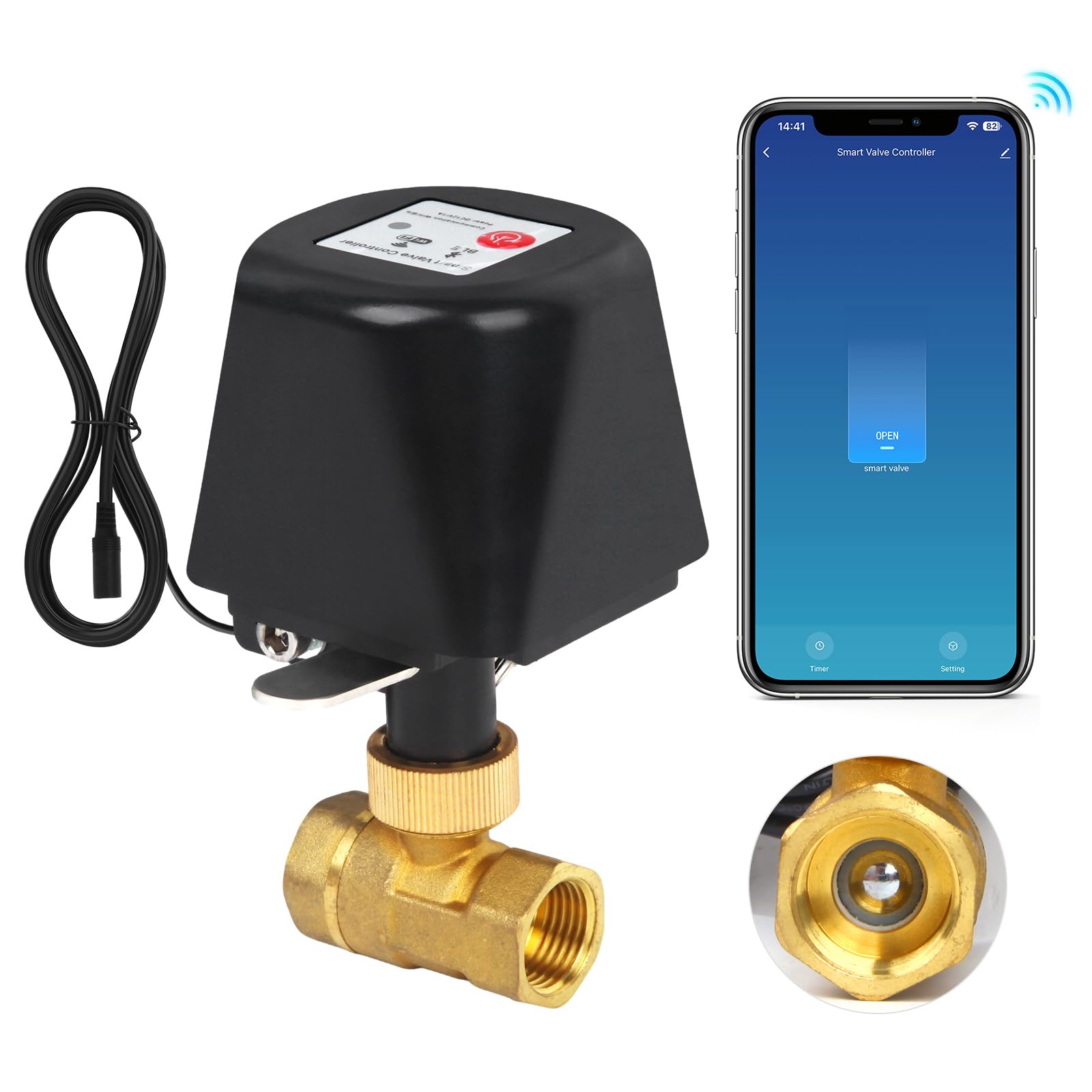 Owfeel WIFI & Bluetooth Smart Water Valve, DN15 Ball Brass Valve, WIFI Control Water Shutoff Valves Compatible With Alexa, Google and Application Program iOS/Android, Only 2.4GHZ WiFi(1/2")