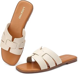 Women's Square Toe Slip On Flat Sandals Slide | Comfortable Open Toe Summer Beach Sandals, Dressy, Casual Sandals