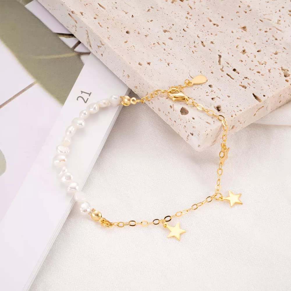 Pulsera o tobillo de plata de ley 925 chapada en oro de 18 quilates, con clip de papel delicado y perlas de agua dulce, cadena cubana o tobillo, 7 pulgadas + extensor de 1 pulgada, hipoalergénico, sin