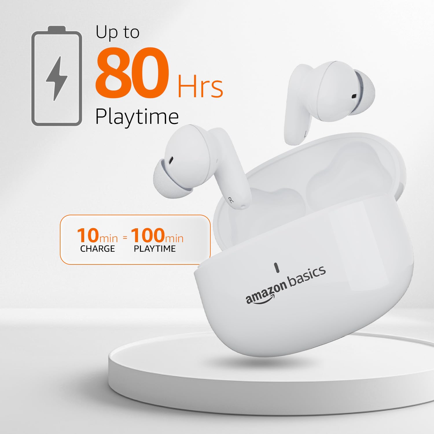 amazon basics TWS in-Ear Earbuds (P80) with Fast Charging up to 80 Hours of Playtime | Dual 12mm Driver | IPX4 Water-Resistance | Bluetooth 5.3 | Quad Mic with ENC | Touch Control (White) 1