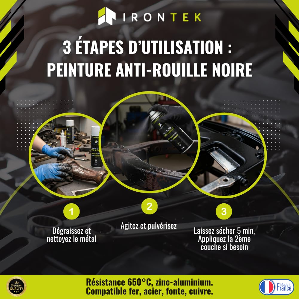 Peinture Antirouille Noir 400ml - IRONTEK | IT204 | Protection Fer Acier | Séchage Rapide 15min | Haute Adhérence | Auto Moto | Convertisseur de Rouille immédiat