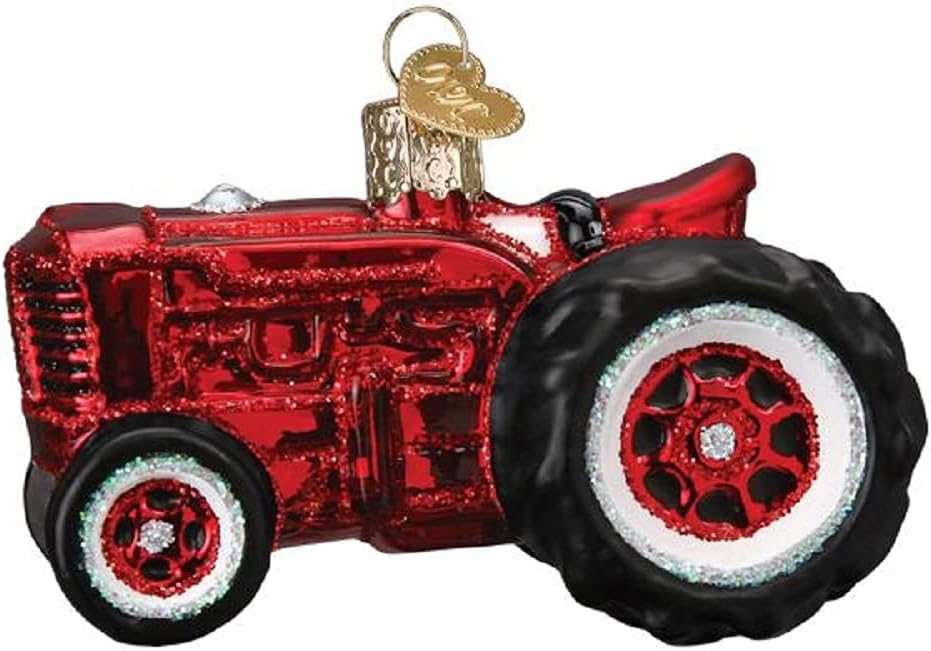 Old Farm Tractor Glass Blown Ornament for Christmas Tree, Handcrafted Holiday Decoration, Farm Animal Collection