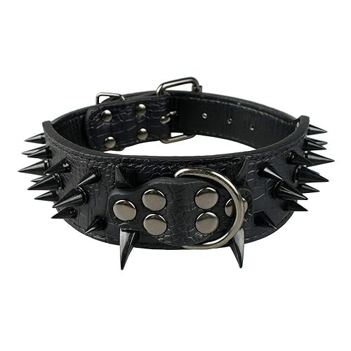 Pimaodog Sharp Spiked Studded Dog Collar 2 Inch Width Stylish Leather Dog Collars for Medium & Large Dogs Pitbull Labrador Boxer Rottweiler German Shepherd (XL:21-24 inch, Black-1) - XL:21-24 inch - Black