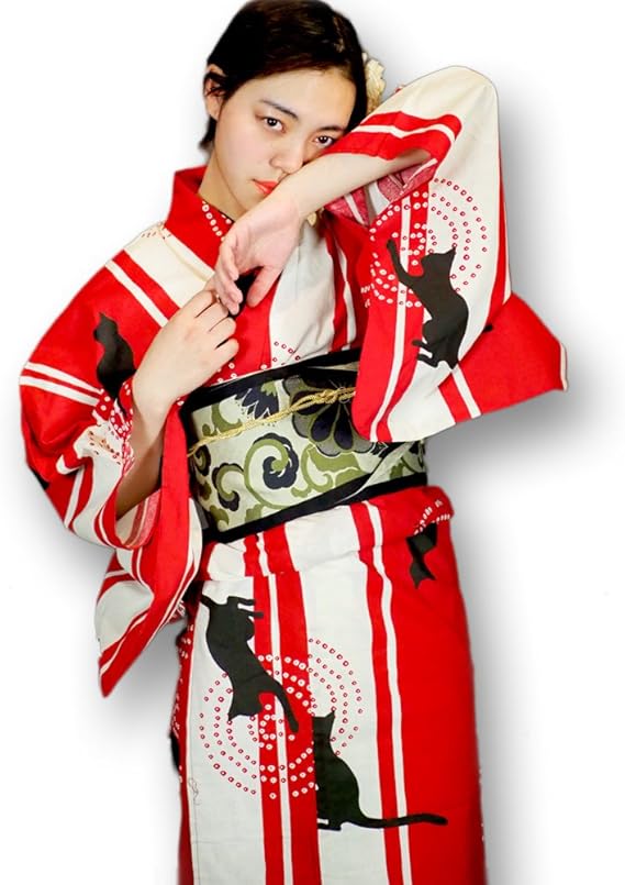 Amazon 浴衣 レディース 女性浴衣 単品 浴衣単品 ゆかた ユカタ 古典 大正浪漫 大正ロマン レトロ 復刻 浴衣単品 婦人 大人 ネコ 猫 ねこ F Nekohiyoriアカ 浴衣 通販