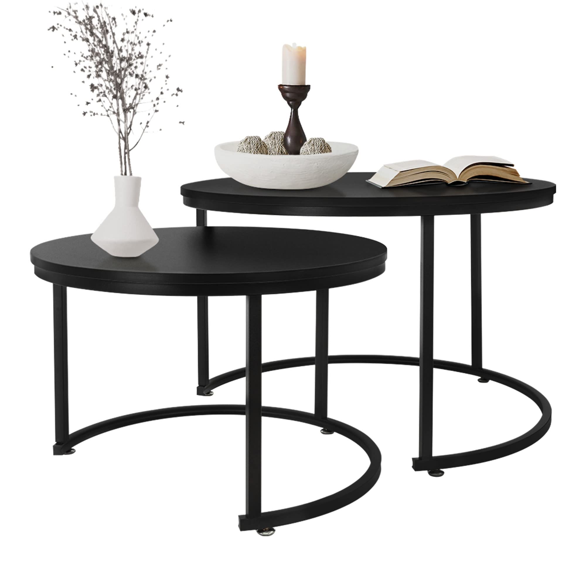 ML-Design Set di 2 Tavolini da Caffè Salotto Soggiorno Divano Sovrapponibili Rotondi Ø 59x40 cm/Ø 74x48 cm Tavoli d'Appoggio Impilabili in MDF e Struttura Telaio in Metallo Nero Design Moderno