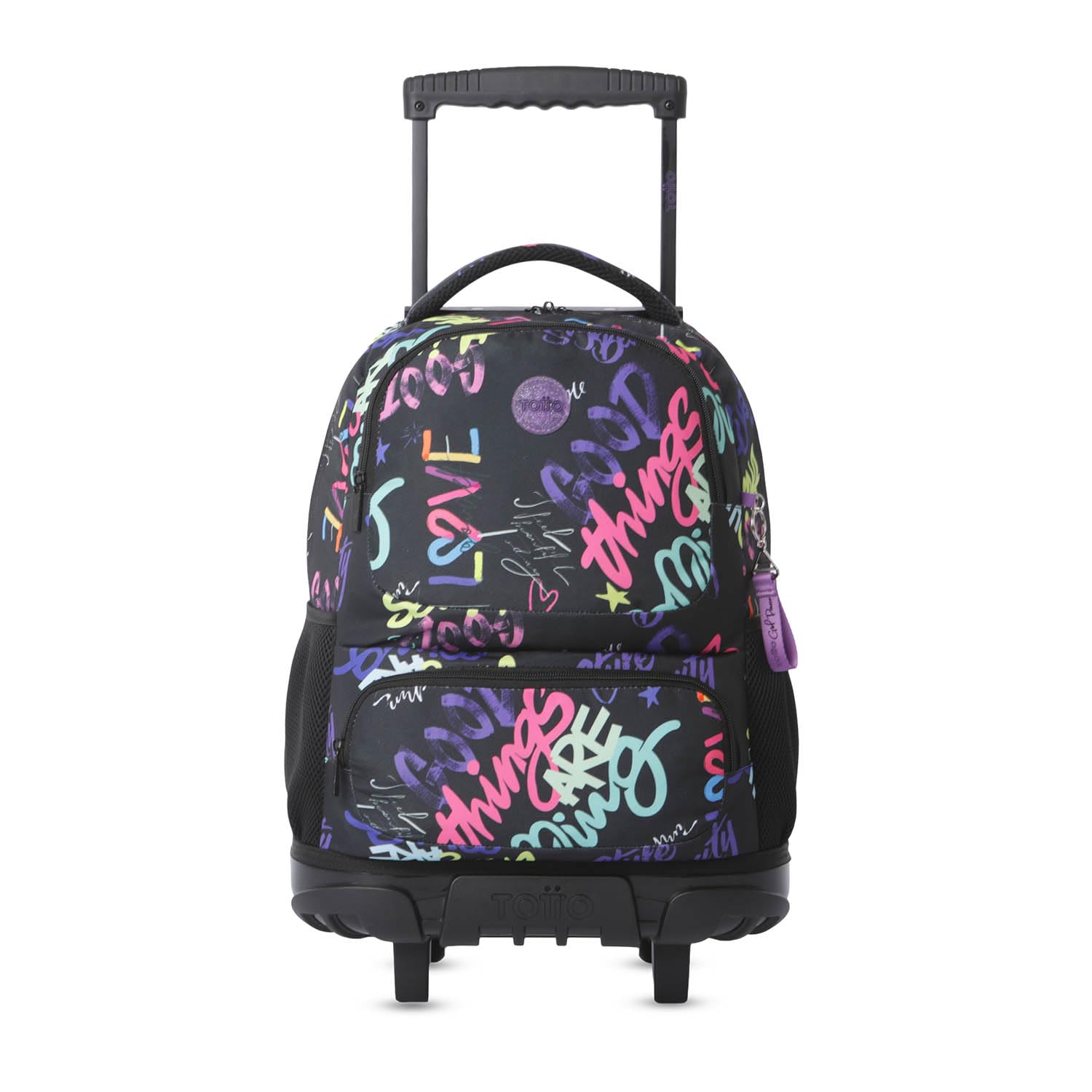 TOTTO - Mochila Escolar con Ruedas, Modelo SKL L, Capacidad 25 L, Mochila Grande, Bolsillo Botella, Bomper Protector, Asa de Mano, Manija Telescópica, Resistente y Cómoda, Estampado Letry
