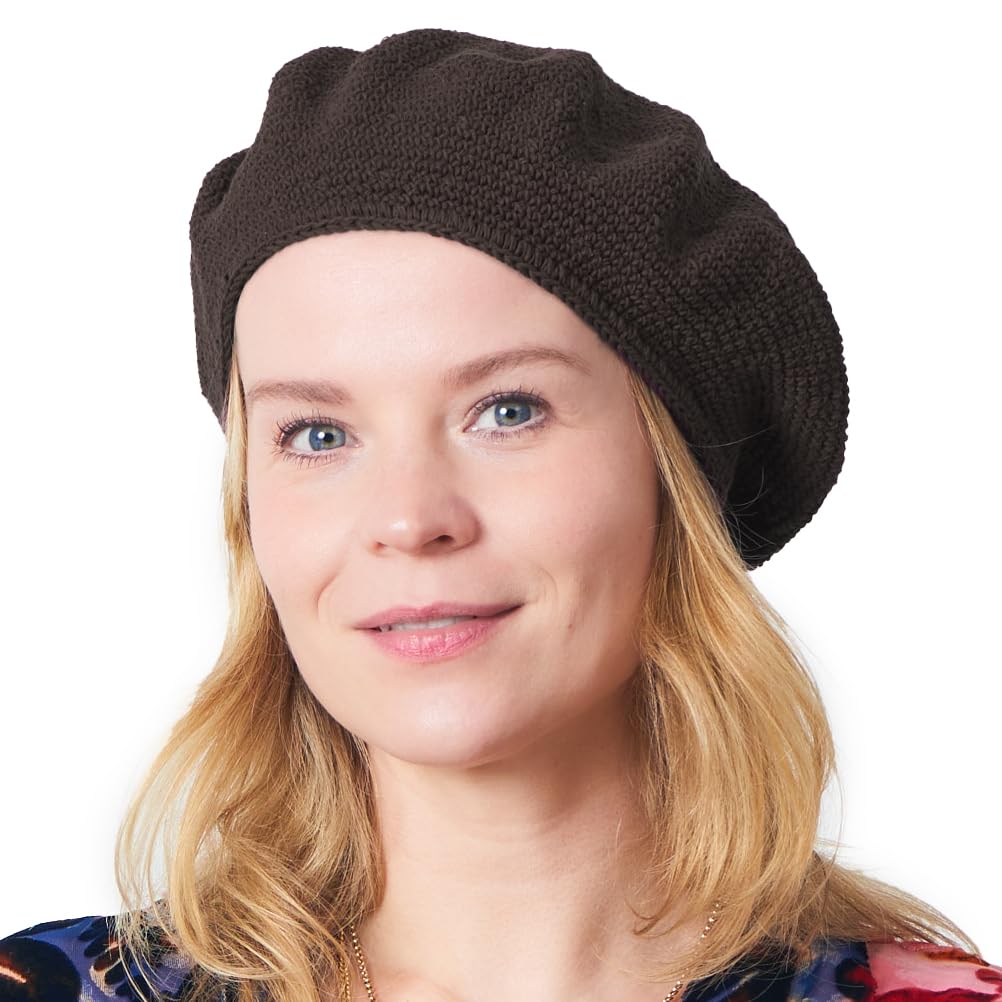 Knit Tam Hats for Women & Men, Cotton Beret-Style Crochet Beanie Cap Handmade for Summer & Winter Dark Brown
