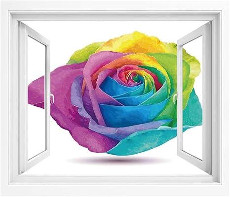Amazon 水彩花 風景ステッカー オープンウィンドウ 90x60 Cm スペクトル虹色ロマンスアート 風景画 アートポスタ 窓ポスター マルチで未来的な大きなサイズのバラのグラフィックデザイン ウォールステッカー オンライン通販