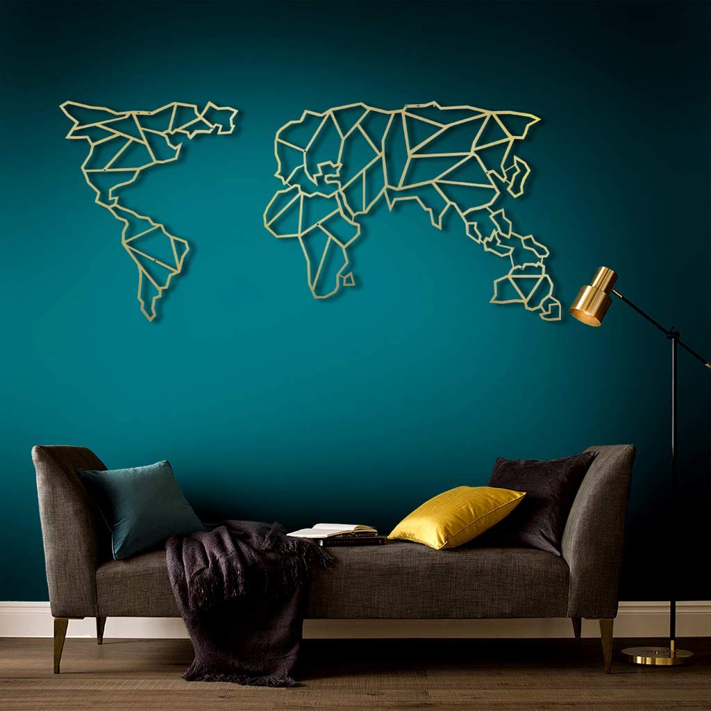 Tubibu - Decorazione da parete moderna, 100% metallo, motivo mappa del mondo, dimensioni 59,9 x 119,9 cm, da soggiorno, camera da letto, dormitorio (oro)