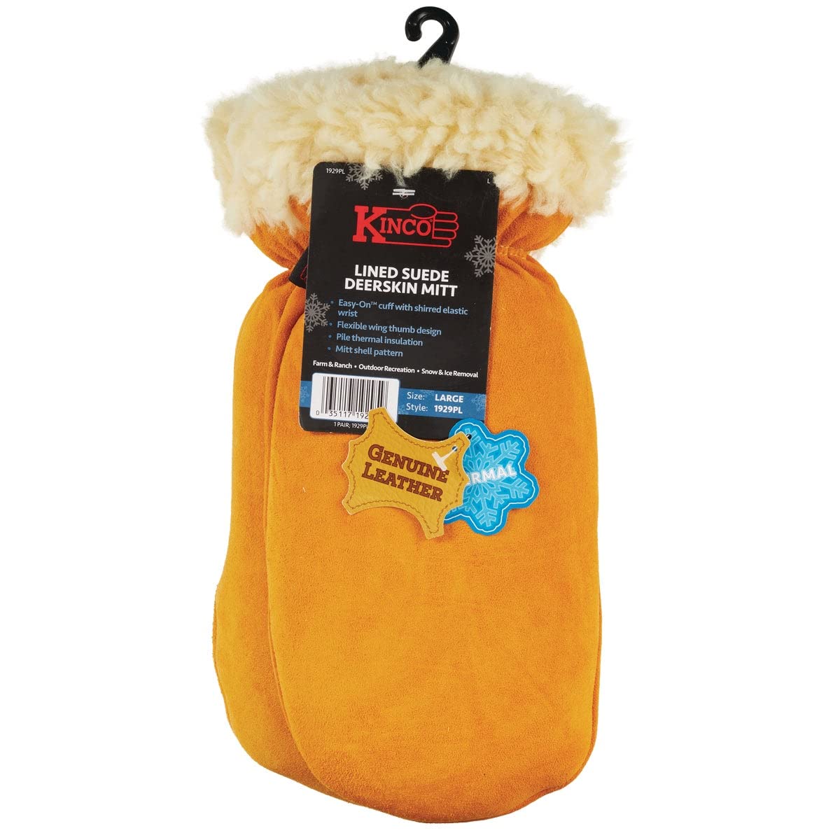 Kinco 1929PL-L Men's Lined Gloves, Deerskin Mittens, Large, Golden