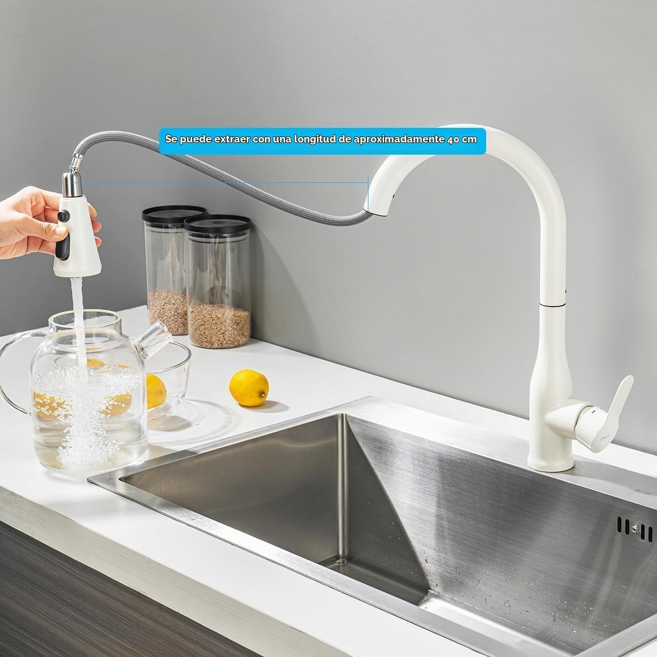 ONECE Grifo Cocina Blanco Extraíble con 3 Modos, Mezclador de Fregadero | Rotación de 360°, Grifería Monomando con Ducha, Acero Inoxidable 304, Aireador Extraíble