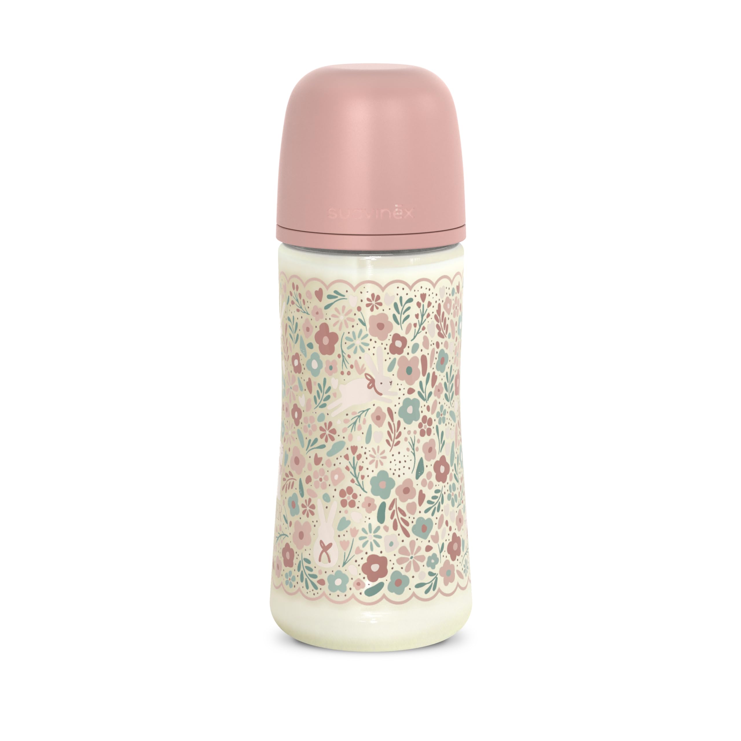 Suavinex, Biberón 360 ml, con Tetina Fisiológica SX Pro de Silicona, con válvula Anticólico, de Flujo Denso (L), para Líquidos Densos, Apto Papillas Líquidas. Bebés +6 Meses. Wonder, Flores, Rosa
