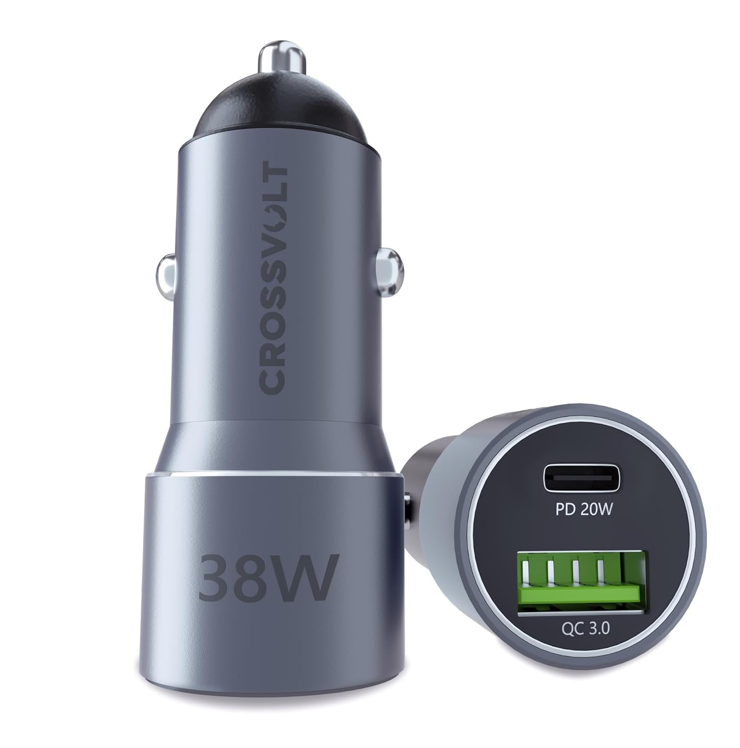 CROSSVOLT 38W Fast Car Charger Adapter with Dual Output. Quick Charge, Type C PD 20W & Qualcomm 3.0 Compatible for iPhone, All Smartphones, Tablets & More(Silver)