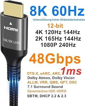 ubluker 10k 8k 4k hdmi 2.1 cable 1 m certified ultra high speed hdmi cable 4k @ 120 hz / 144 hz 8k @ 60 hz 48 gbps earc hdr10 + hdcp 2.3 compatible with mac soundbars gaming pc