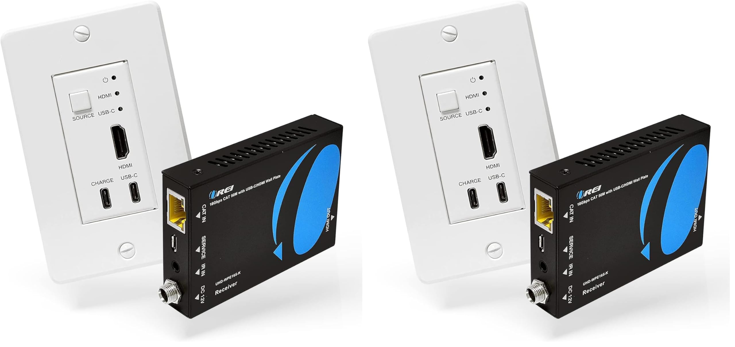 OREI 4K HDMI/USB-C Extender, Over Single Cat6/Cat7 Cable Wall Plate Transmitter 4K @ 60Hz UltraHD with HDR &amp; IR Control - Up to 165 ft (Pack of 2)