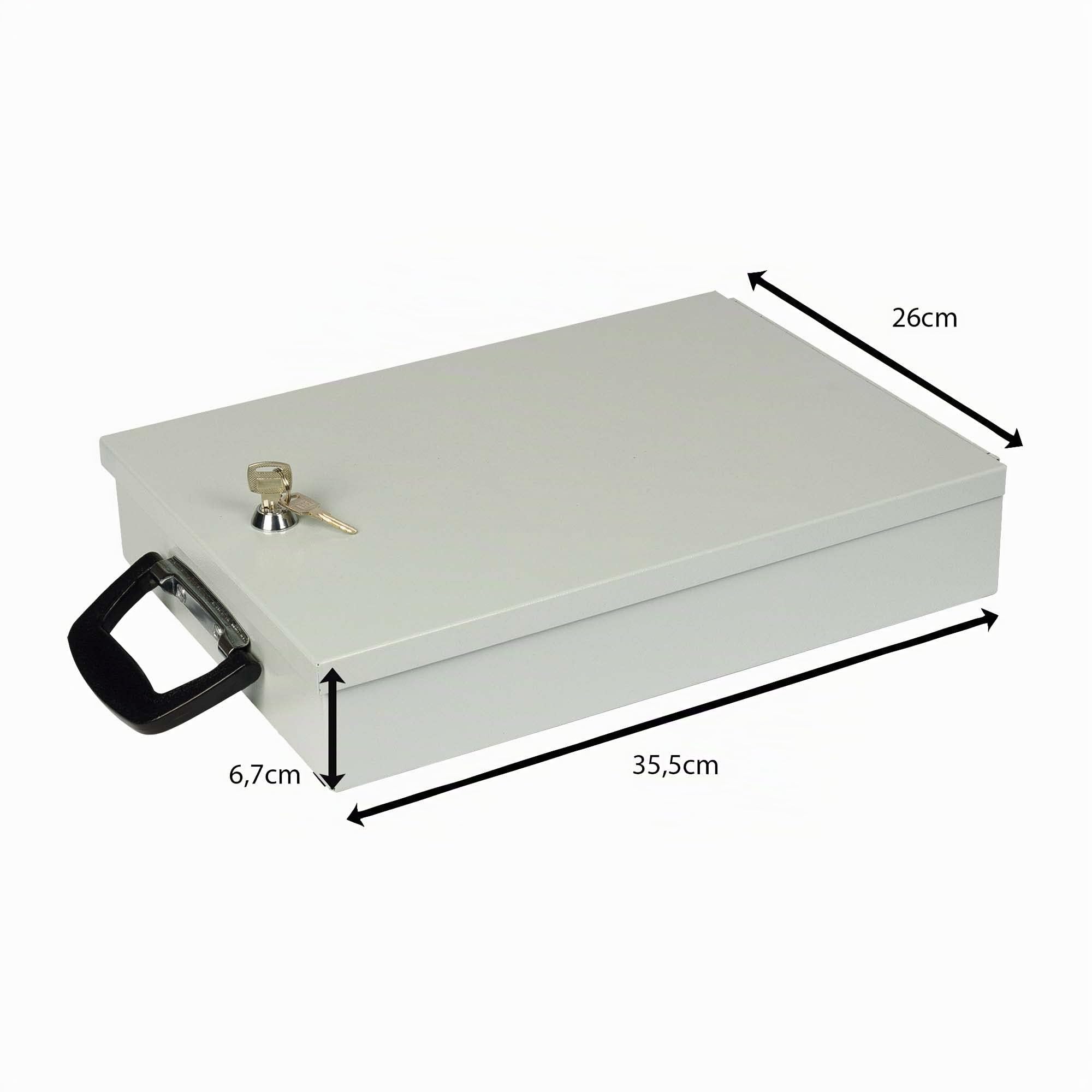 Wedo 1021537 Dokumenten Kassette A4, 35,5 x 26 x 6,7 cm, Sicherheitsschloss, 2 Schlüssel, Koffergriff, anschraubbar, Stahlblech, lichtgrau