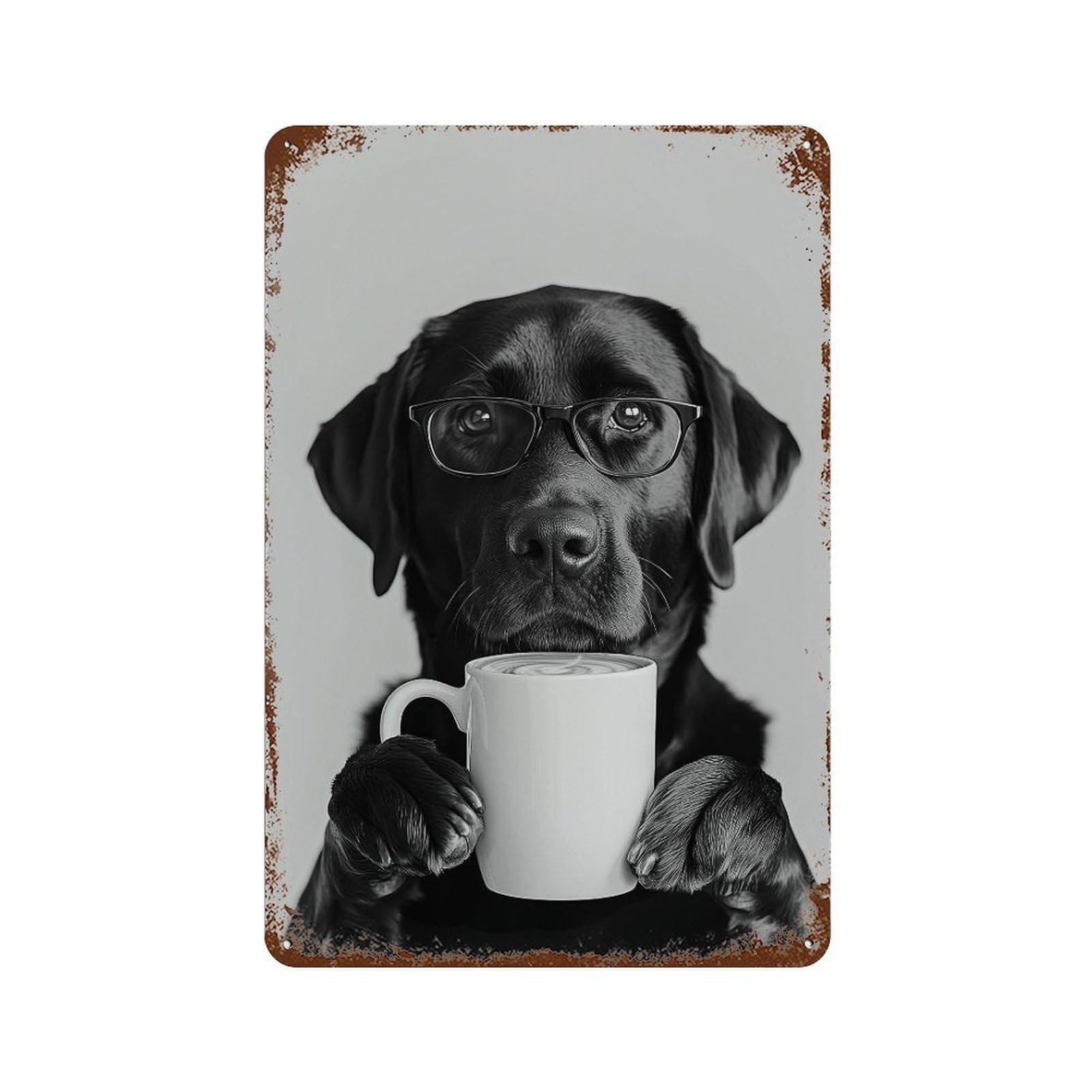 xiaoxiaoshen Black Labrador Drinking Coffee Wall Art Wall Decor Art Metal Tin Poster Modern Home Decor Art Home Bar Shop Decorations Vintage Sign 30x20cm