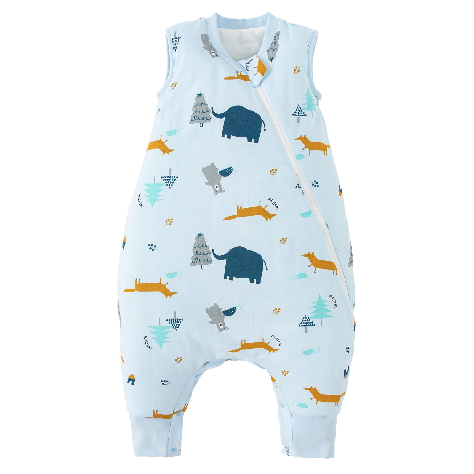 Duomiaomiao Sacco a pelo con piedi, sacco a pelo con piedi tutto l'anno, 100% cotone sacco a pelo per bambini, sacco a pelo con piedi 1,5 tog(Giungla di elefanti/1-2 anni)
