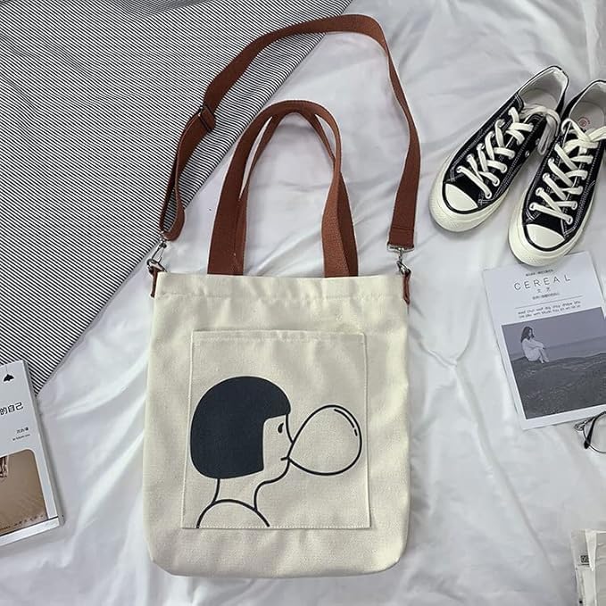 Image of Cotton Tote Bags for Women, College Bag for girls With Inner & Outer Pockets, Utility Tote bags for Shopping, Travel & Daily use