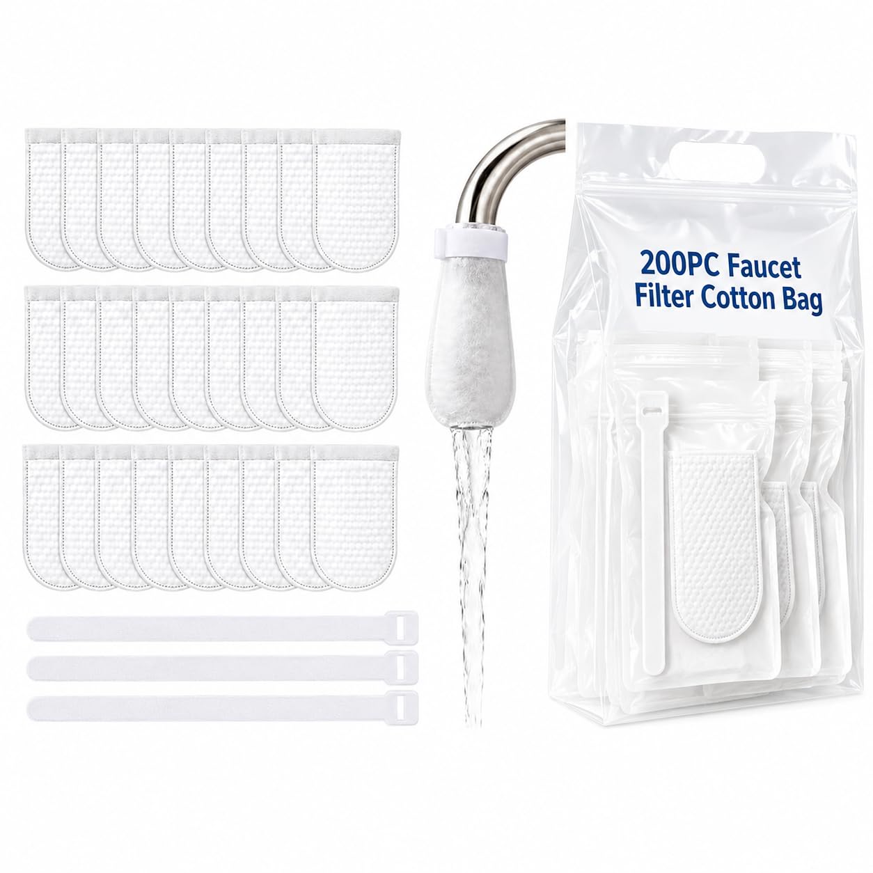 200PC Faucet Filter Cotton Bag, Sink Water Filter Cover, Non-Woven Faucet Mesh Protector, Kitchen Tap Sediment Filter, Anti-Rust Hair Dirt Catcher for Bathroom & Kitchen Sink