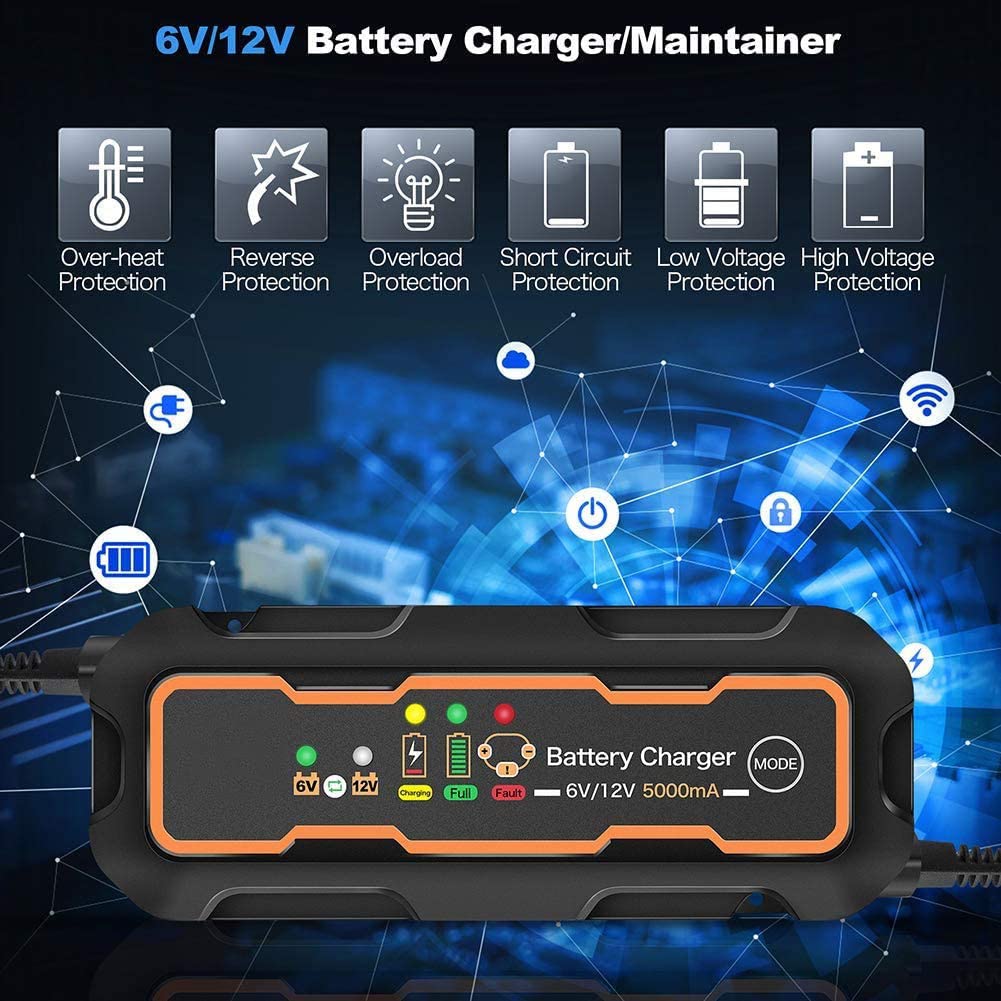 BUDDYGO Caricabatteria Auto Moto, Caricabatteria Manutentore Automatico Intelligente 12v 24v 6amp Offre 3 Fasi Di Ricarica Con Schermo Lcd E 6 Modalita Di Ricarica