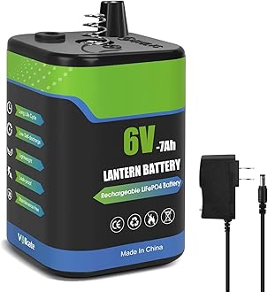 6V Lantern Battery, 6 Volt Rechargeable LiFePO4 Lithium 4R25 Battery with Charger, 1 Pack, with Long-lasting Power for Lantern, Flashlight, Emergency Light, Deer Game Feeder, Fencing (Spring Terminal)