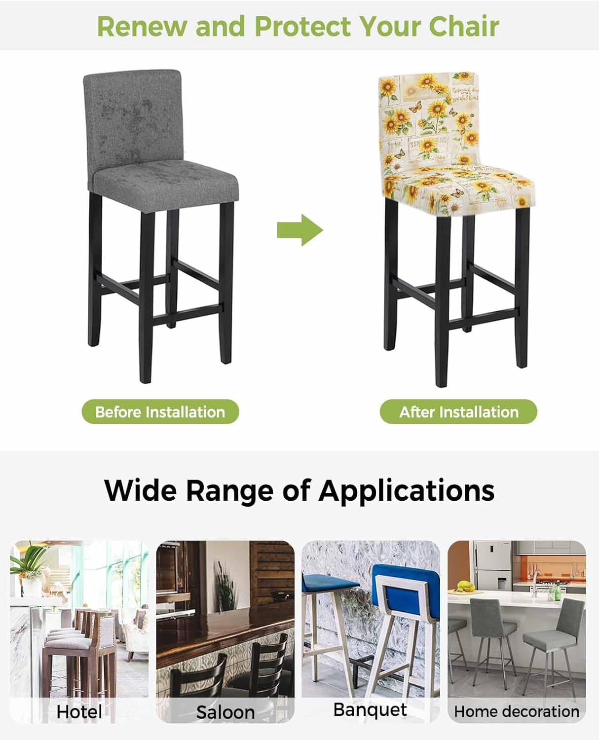 QueenKer Summer Sunflowers Bar Stool Covers with Backs Vintage Farmhouse Style Stretch Washable Bar Stool Chair Cover Slipcovers Removable Counter Stool High Chair Covers for Pub Dining Room Set of 4