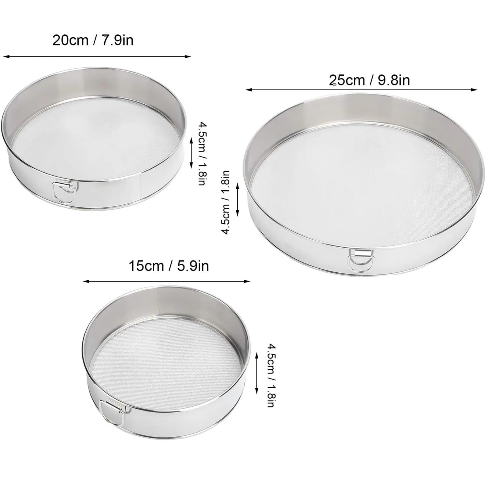 Sita do mąki ze stali nierdzewnej, Przesiewacz do mąki ze stali nierdzewnej 304 z drobnymi oczkami, ciasta, pieczenie, gotowanie, srebro 15-25 cm(Silver 25cm)
