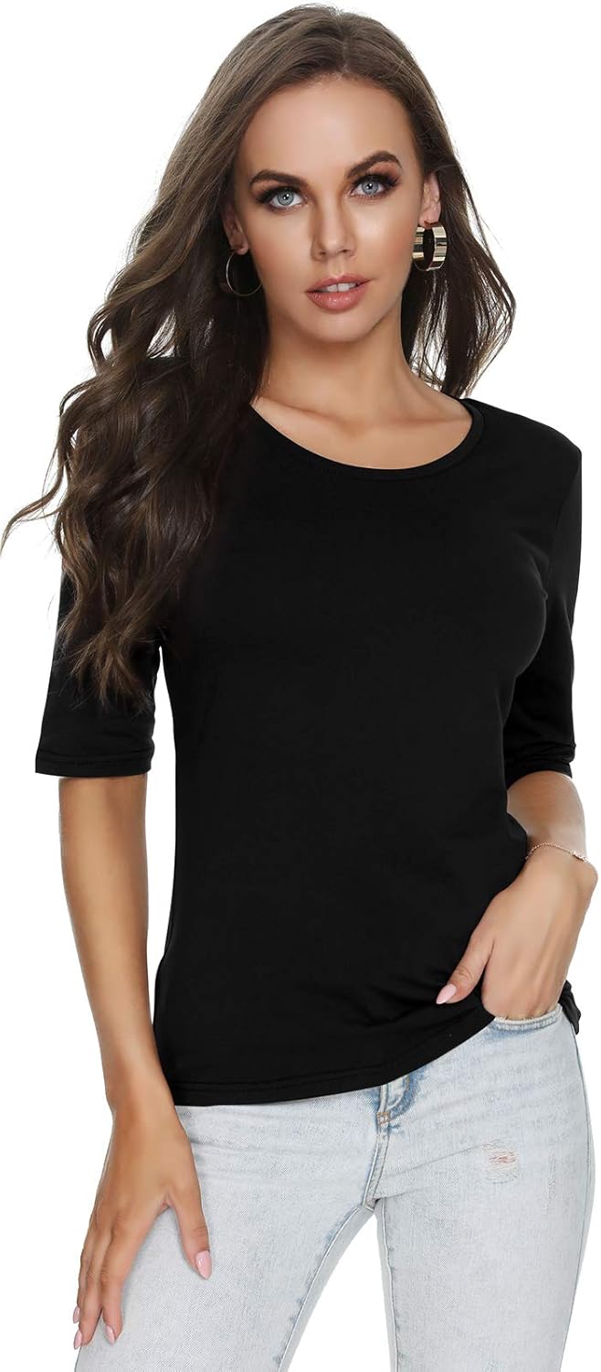 RightPerson Women's Basic Half Sleeve Round Neck T-Shirt Stretchy Casual Cotton Tops - Image 3
