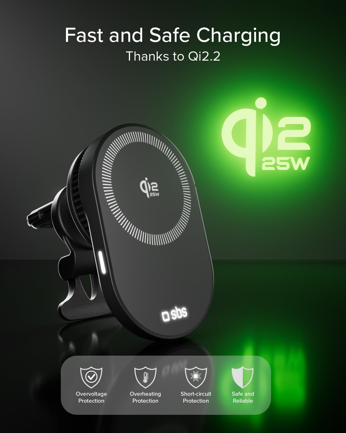 SBS Qi2 25W MagSafe Auto-Ladegerät, Magnetische Auto-Handyhalterung, Lüftungssteckplatz-Halterung, Schnellladung, USB-C-Stromversorgung, Ladegerät für iPhone, Android, Schwarz