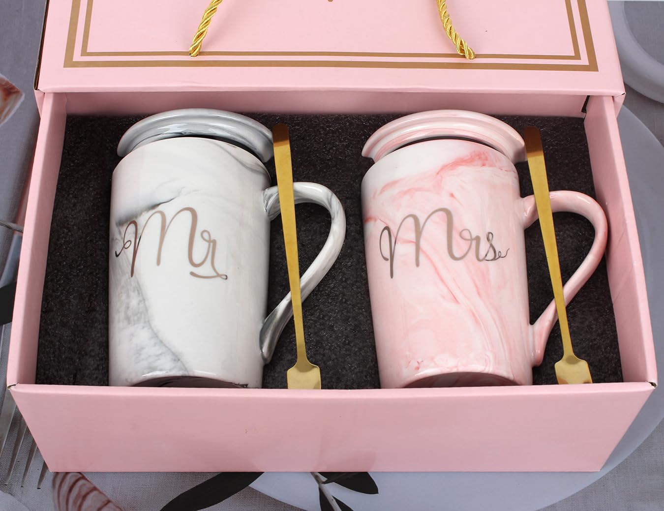 Hylruu Mr&Mrs Coffee Cups Set, Gifts For Couple Engagement Bridal Shower Bride And Groom Anniversary 14 Oz Ceramic Marble Cup (Mr & Mrs)