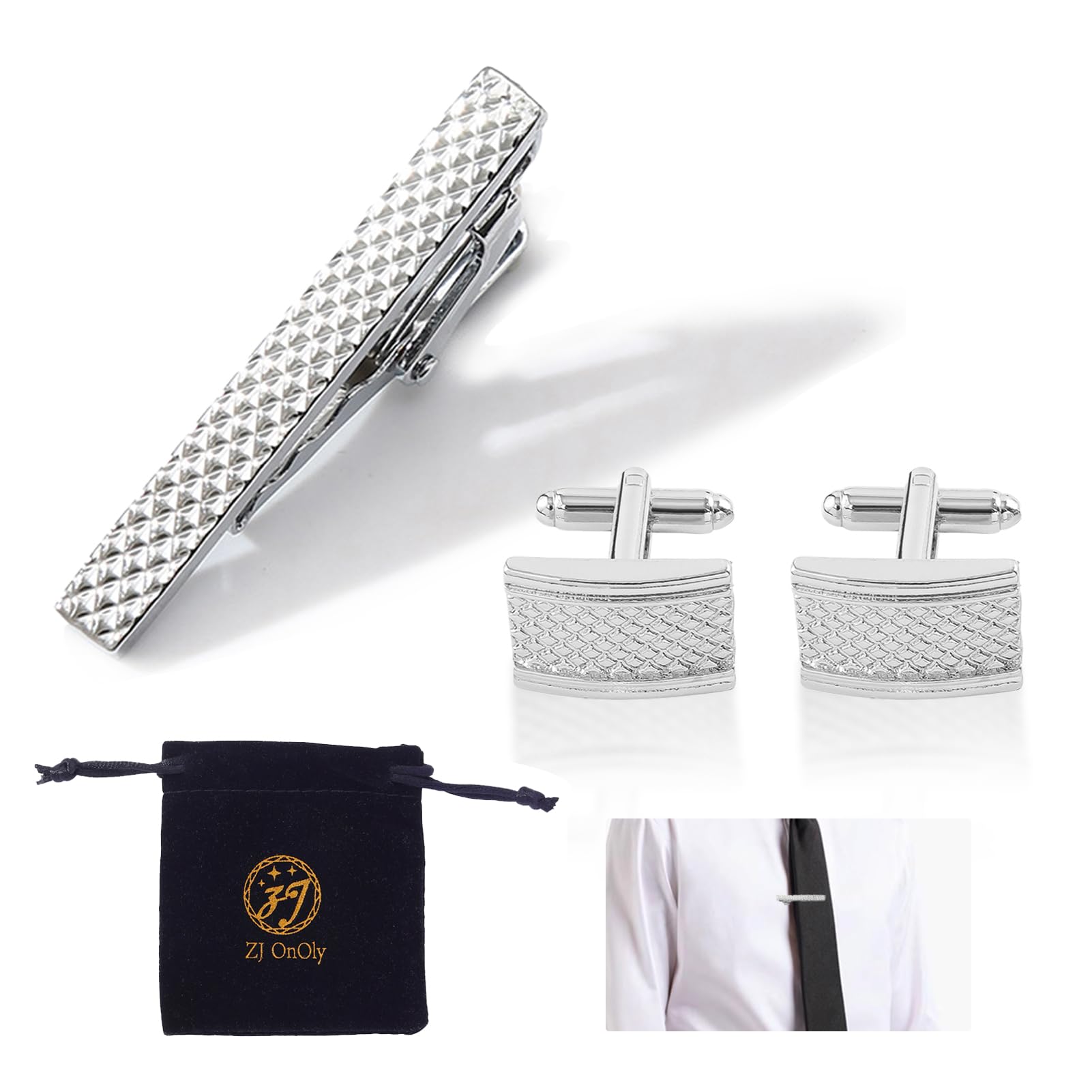 Cuff Link and Tie Clip Set, Business Shirts Cuff Link Tie Bar Clips Men Necktie Pinch Clip Personalised Cufflink Set Men Stainless Steel Wedding Business Gifts for Anniversary Wedding