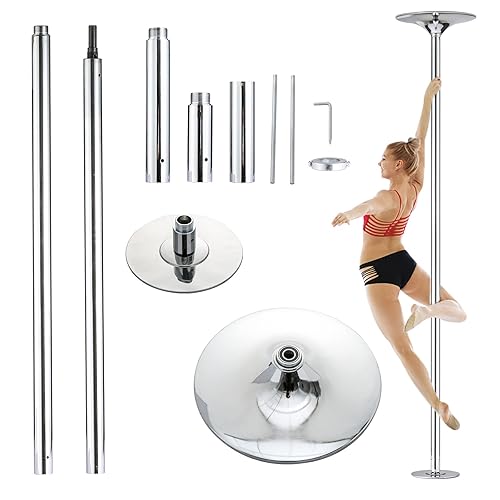 UMEKEN Spinning Static Dance Pole Portable Removable Adjustable 45mm Dancing Pole for Home Exercise Club Party Pub, Dancer Pole for Beginners and Professionals 440lb Weight Capacity - Silver-Round