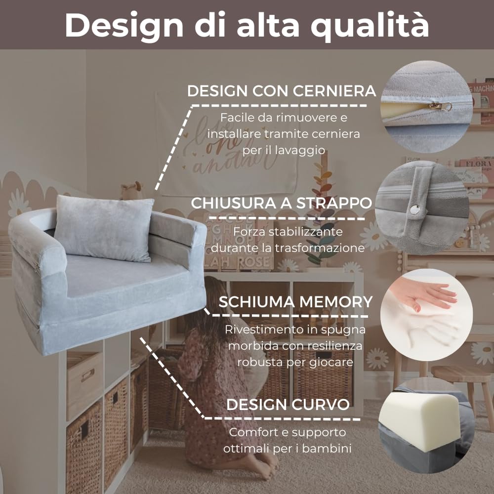 Divano in Schiuma per Bambini con Coperta & Cuscino, Divano Convertibile 3-in-1 Preassemblato per Piccoli, Poltrona Pieghevole da Interno & Letto da Pavimento Apribile per Ragazzi & Ragazze (Grigio)