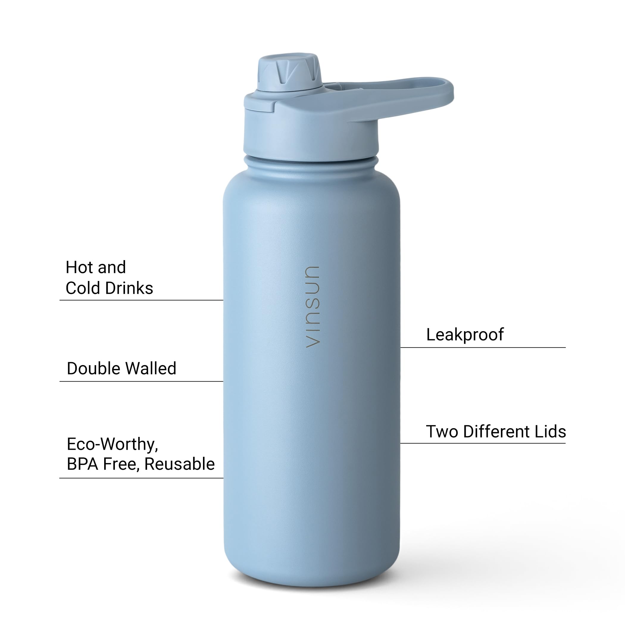VINSUN Thermo Bottle Blue 1L, Straw Lid, Drinking Opening, Leakproof, Carbonic Acid Suitable, BPA Free - Image 3