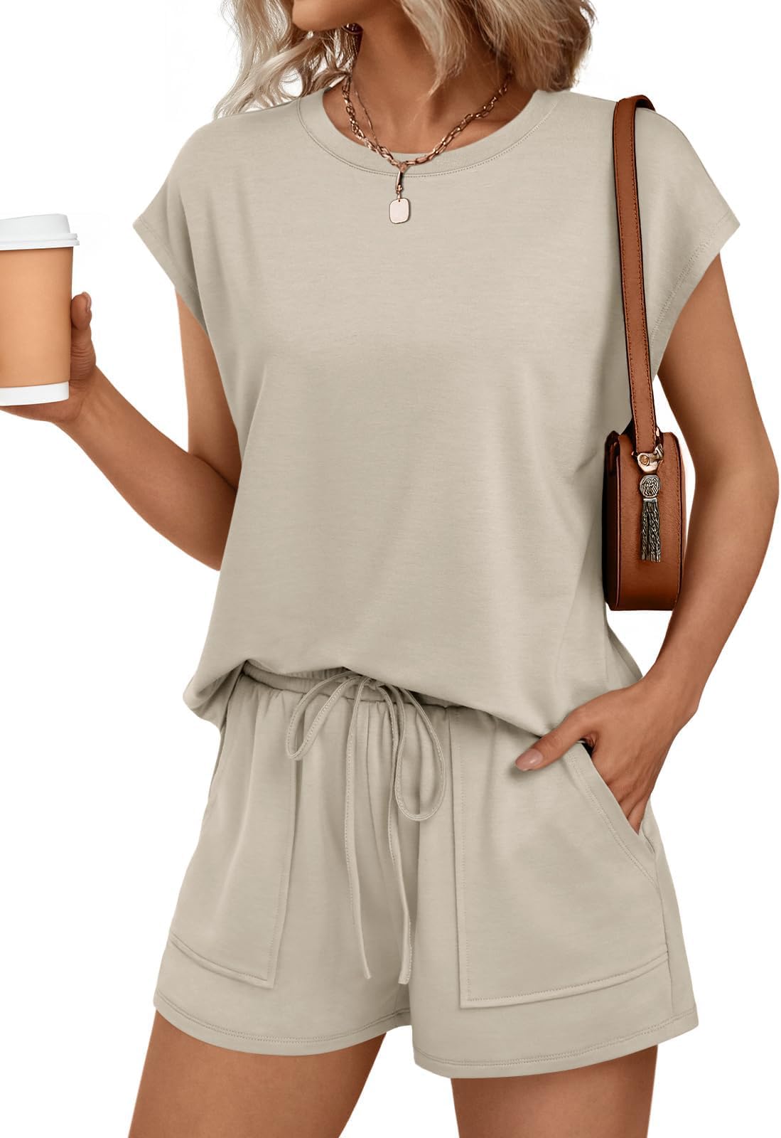 Summer 2 Piece Short Sleeve Tracksuit Solid Crew Neck Lounge Wear Sets for Women Casual T Shirts and Shorts Co ord with Pocket