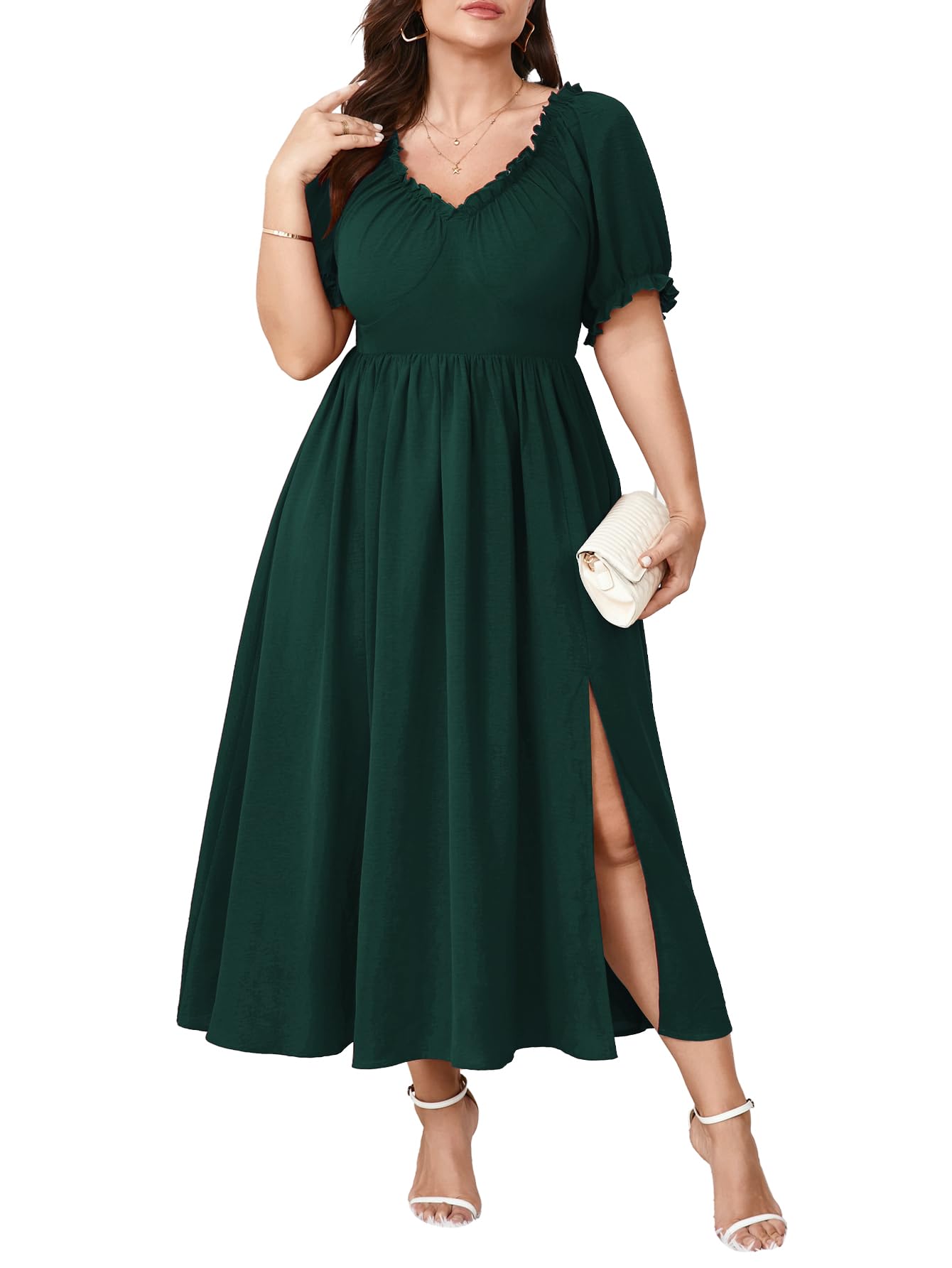 scomchic women's plus size wedding guest dresses cocktail formal summer v neck puff short sleeve slit a line maxi dress