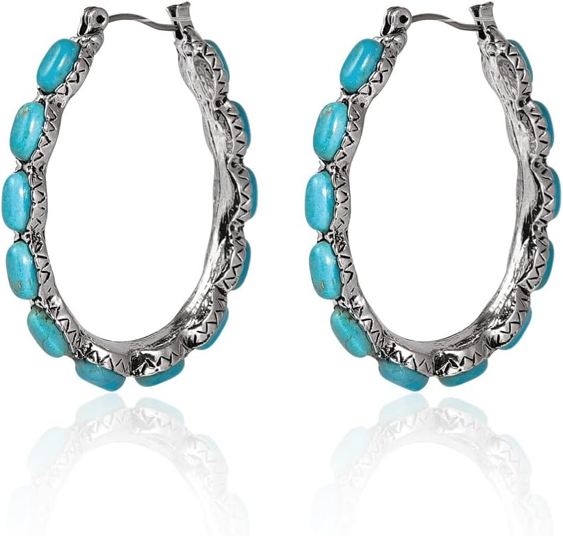 Natural Turquoise Dangle Metal Large Oval Earrings Vintage Statement Teardrop Earrings Bohemian Delicate Hoop Earrings for Women(O)