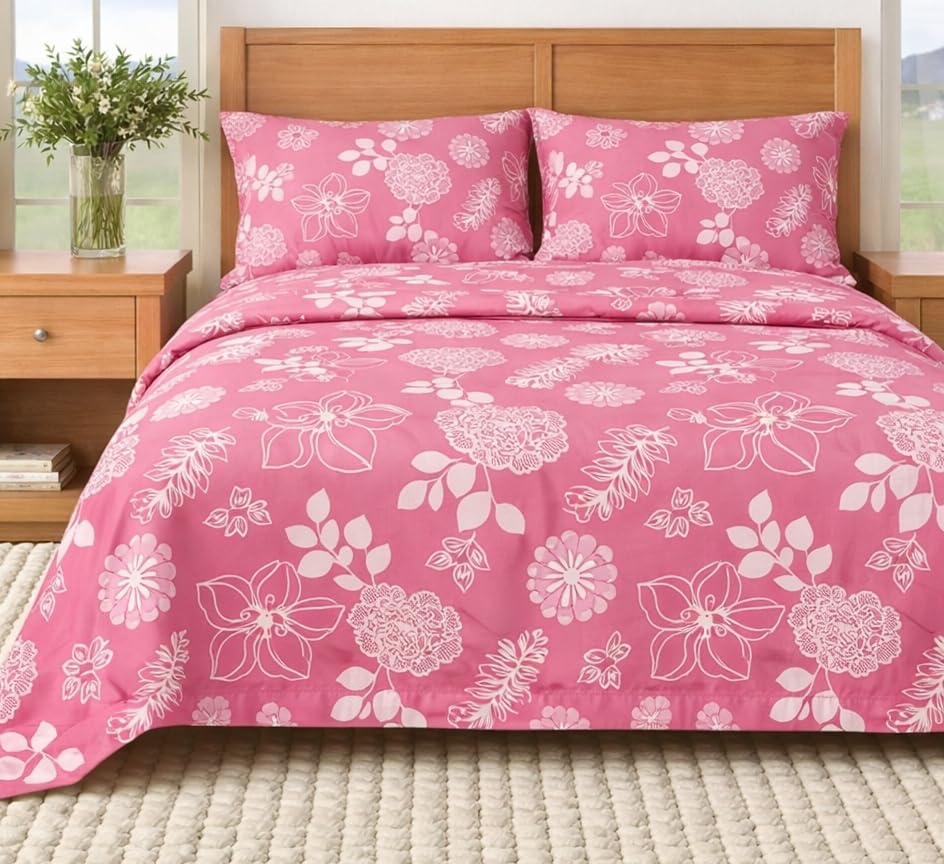 Image of BEVI - Home Super Fabric 300 TC Microfiber Single Queen Size Bedsheet with 1 Pillow Cover - Printed Bedsheet Size (60x90) (Pink Flower)