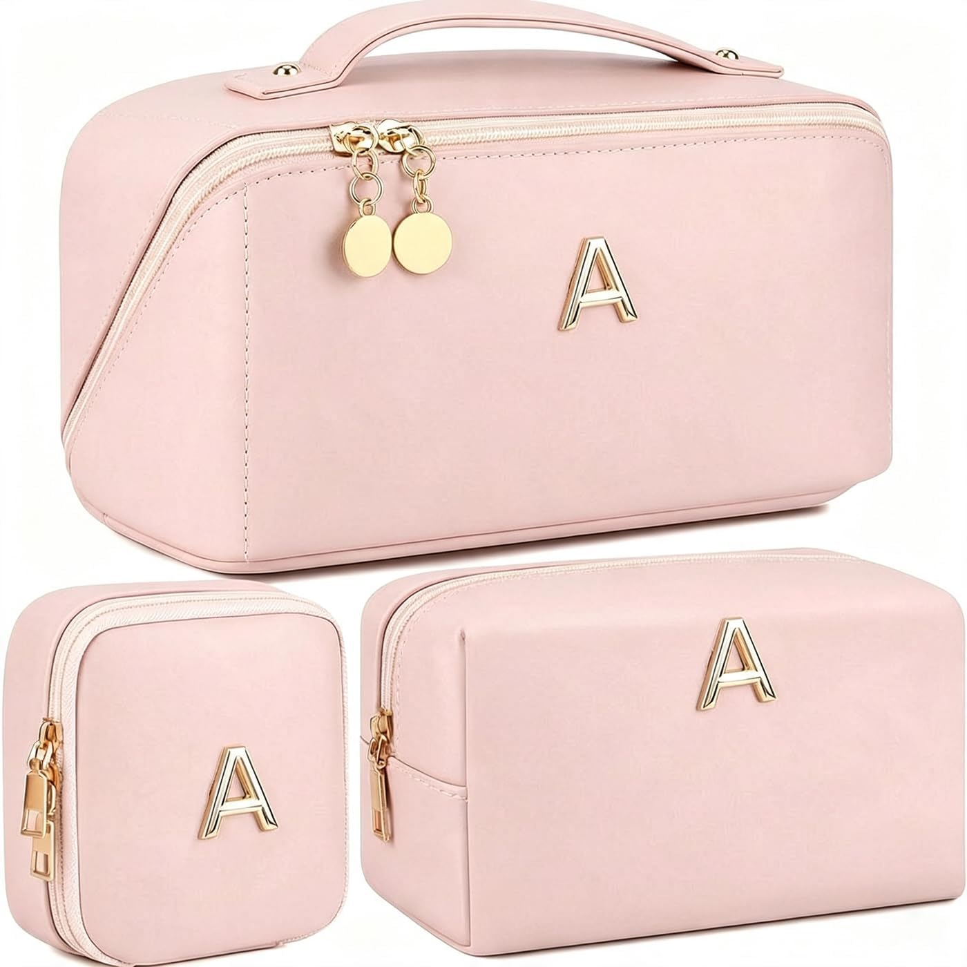 YOPCDJ Personalized Initial Makeup Bag for Women, Large Travel Cosmetic Case with Clear Divider and Handle, Open Flat Toiletry Organizer, Birthday Gift for Teen Girls (Pink-A)