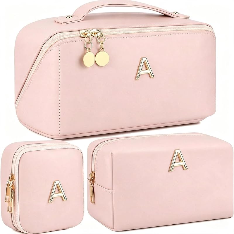 Necessaire de maquiagem YOPCDJ rosa com inicial bordada e compartimentos