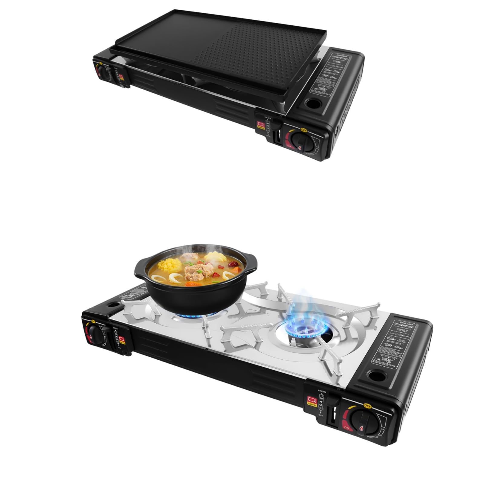 Réchaud Gaz Camping 2 Feux 2,5KW Barbecue Portable Plaque Boîtier | Réchaud gaz camping 2 feux 2,5KW, barbecue portable avec plaque antiadhésive, boîtier, allumage piézo, butane/GPL, 4,09kg.