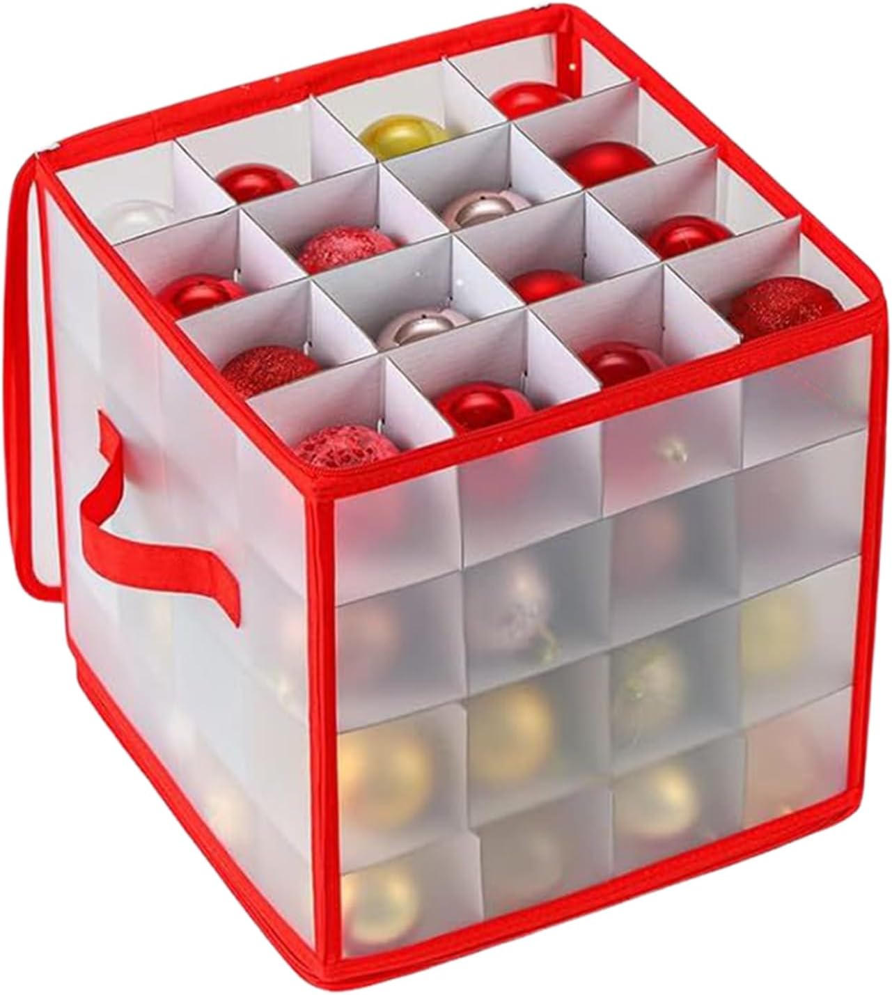 Christmas Ornament Organizer,Stores 64 Balls Container - Double Zipper Ornament Storage Box with Dividers and Handles,for Holiday Decor Attic Basement