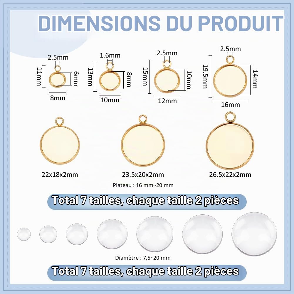 UNICRAFTALE 14pcs 7 Styles Pendentif Cabochon en Acier Inoxydable Doré avec 14pcs Cabochons en Verre Transparent Environ 11-26.5mm Long Lunette Pendentif Blanks Plats Ronds Pendentifs Plateaux