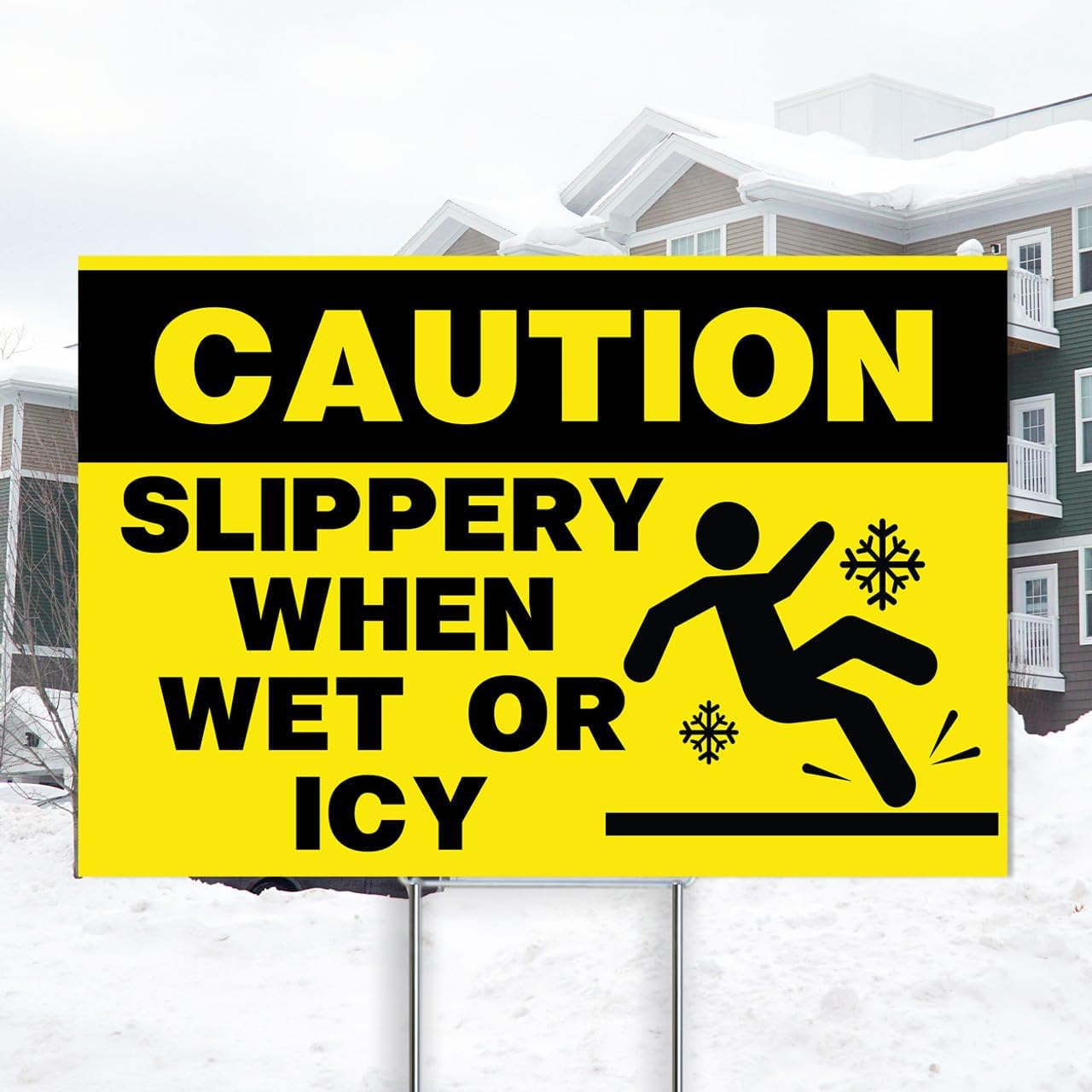 Caution Icy Conditions 12"x18" Yard Sign with Heavy-Duty Sign Step-Stake - Double Sided, Weatherproof, & Coroplast Sign - Caution Blue - Welcome Home America