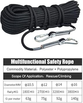 Climbing rope Black 10.5mm Static Mountaineering Rope, High-strength Tear-resistant Nylon Rope With Double Carabiner,5m
