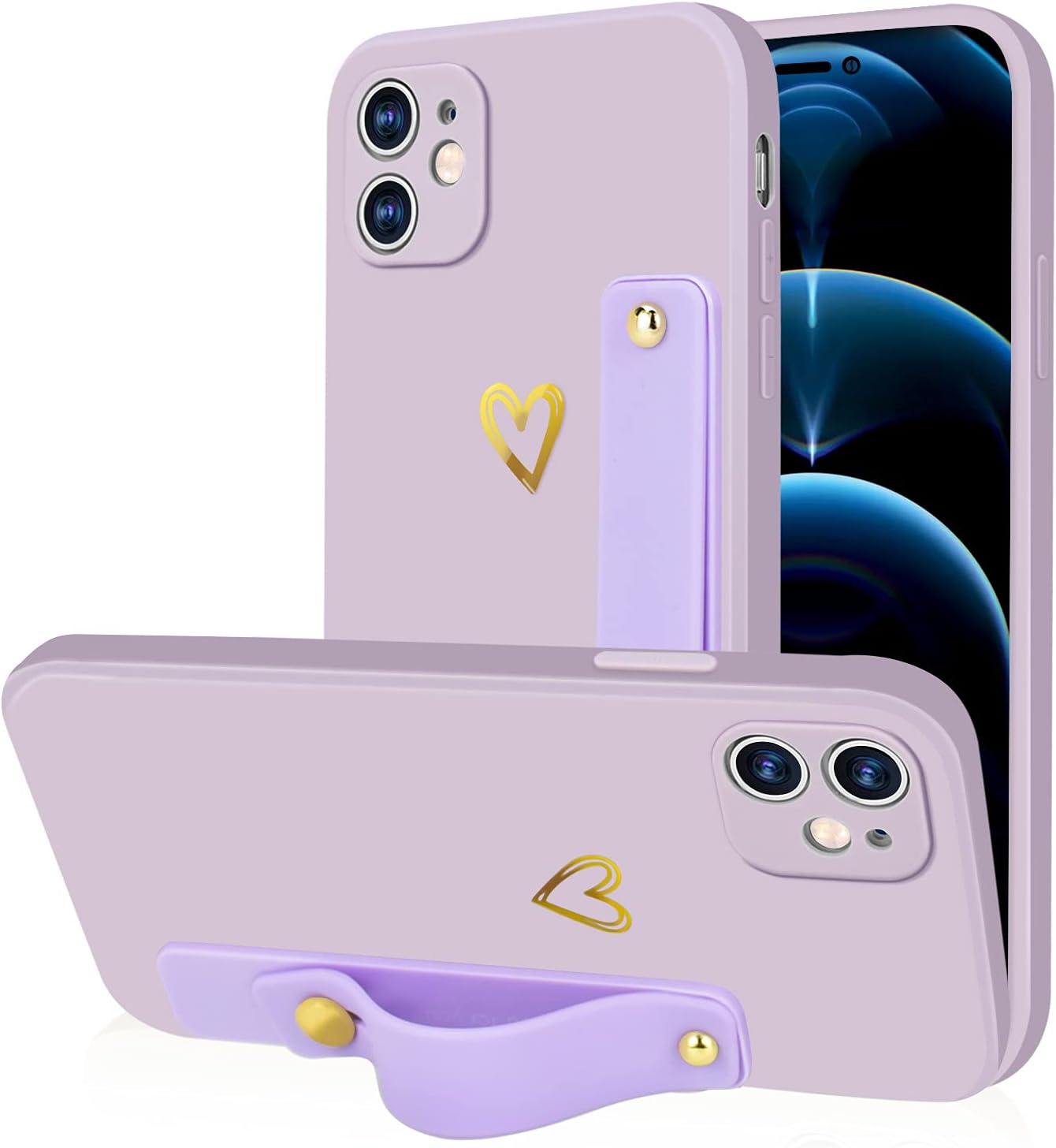 WOYAOFA Compatible with iPhone 11 6.1” Case for Women Girls,Soft TPU Pretty Wristband Holder Phone Case Slim Liquid Silicone Shockproof Thin Wrist Strap Love Heart Cute Case Cover（Elegant Purple）
