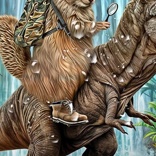 Image of Funny Squirrel Riding Dinosaur Shower Curtain, Tropical Jungle Rainforest Safari Animal Bathroom Curtain for Kids Boys Men, Waterproof Fabric Bath Curtain with 12 Hooks, 60X70 Inches