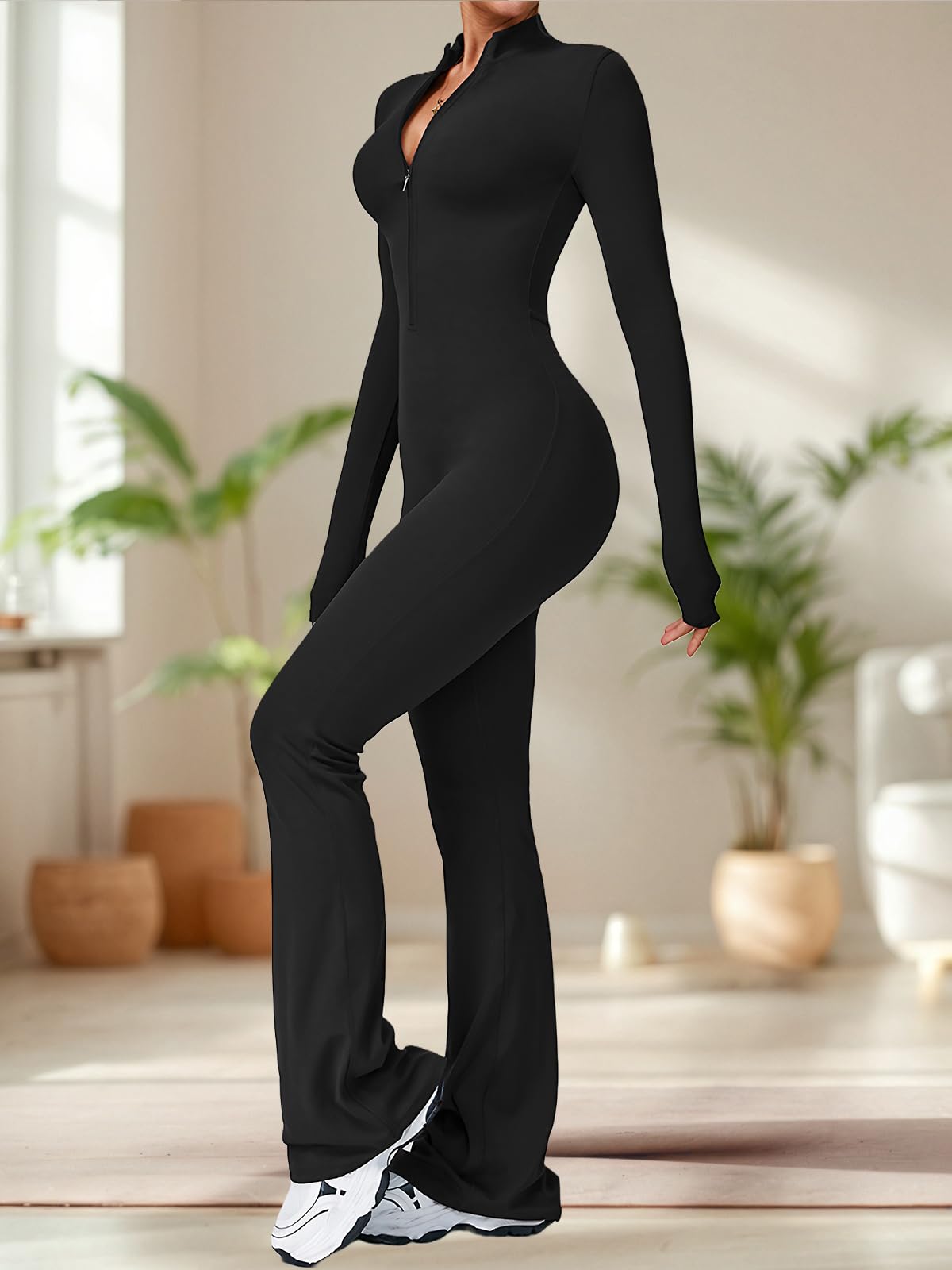 Ecupper Combinaisons de Sport Femme à Manches Longues Jumpsuit Une Pièce Combinaisons Overalls Flare Romper avec Fermeture Éclair